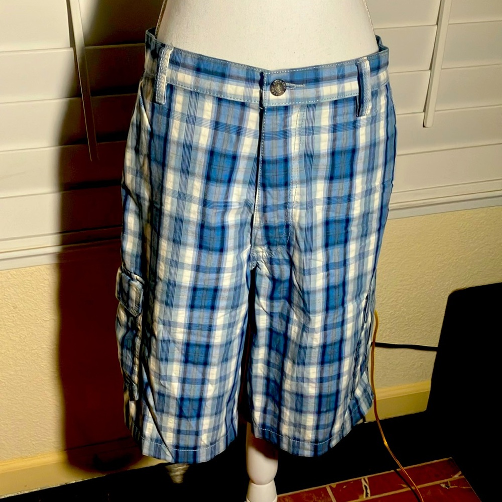 💙🤍🩵Dockers Blue & White Plaid Men’s 6 Pocket Bermuda Shorts Zip Front Sz 34